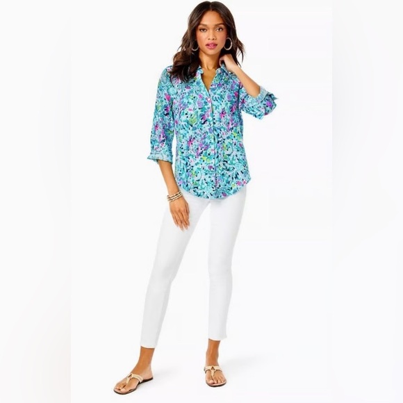 Lilly Pulitzer Sea View Linen Button Down Top In Multi Dive Bar, Size M - Picture 4 of 16